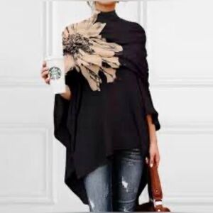 Black Floral Poncho Top